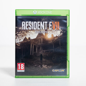 Kent, england, 01.01.2023 An original resident evil biohazard XBOX one Microsoft video retro vintage game disc and case. Original xbox console gaming. Rare vintage video games.