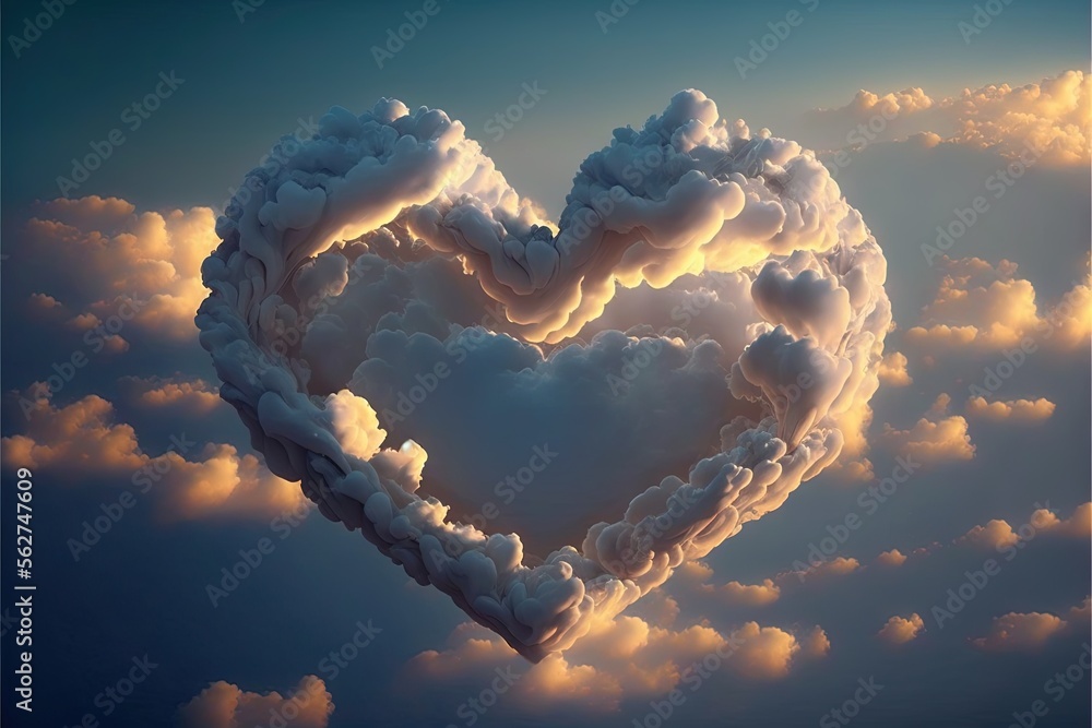 Poster a heart shaped cloud in the sky with clouds around it and a sky background with clouds and a blue sk