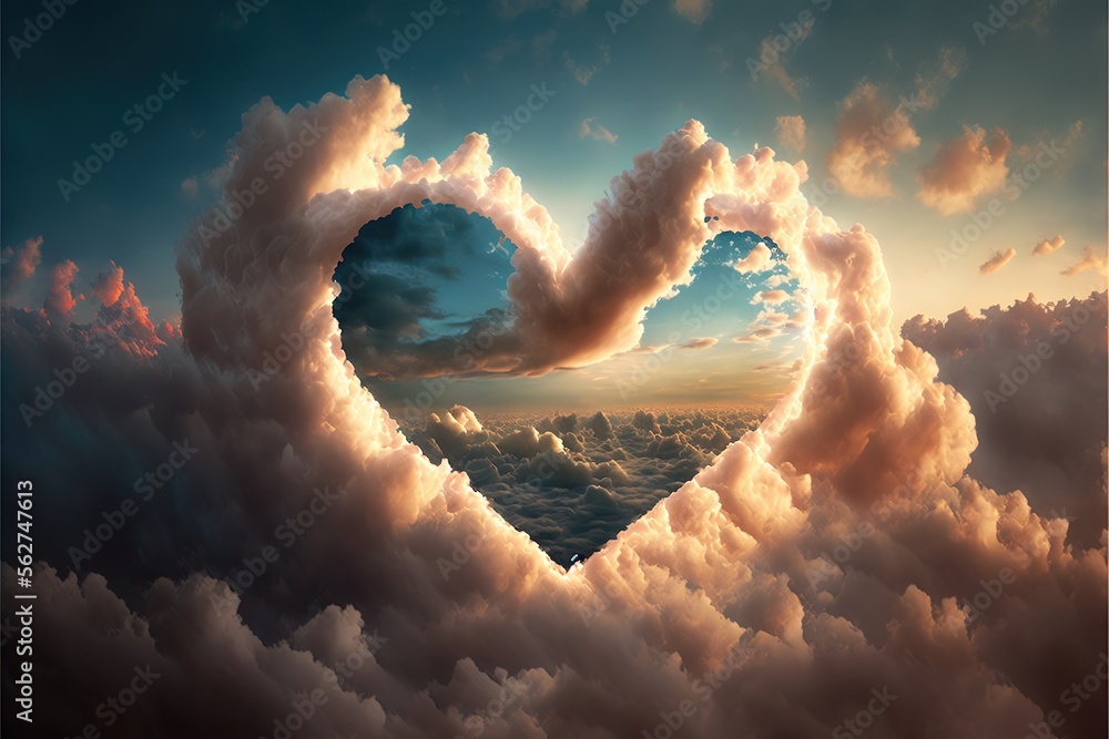 Aufkleber a heart shaped cloud in the sky with a sun setting behind it and clouds in the sky above it, with a 