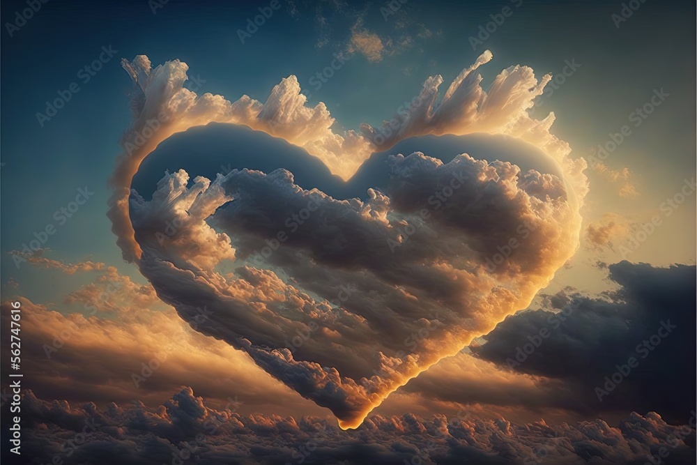 Aufkleber a heart shaped cloud in the sky with a sun setting behind it and a blue sky with clouds and a few cl
