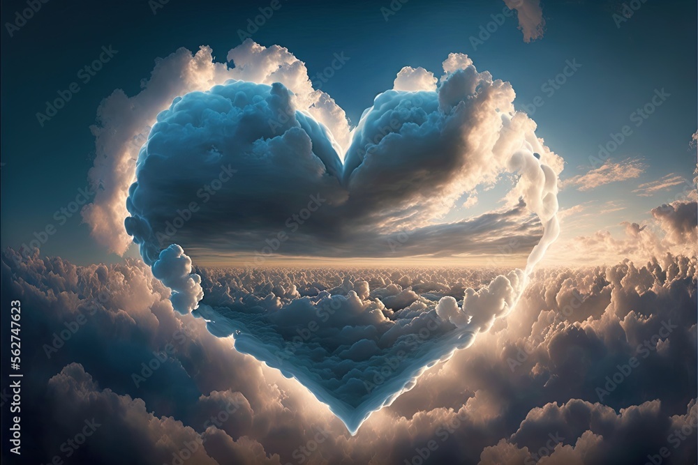 Poster a heart shaped cloud in the sky with clouds below it and a sky background with clouds below it and a