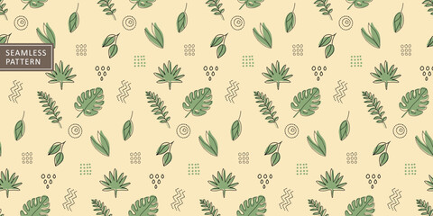 Abstract vector seamless pattern with monstera leaves, palm leaves and green branches on a beige background for textiles, covers, designs