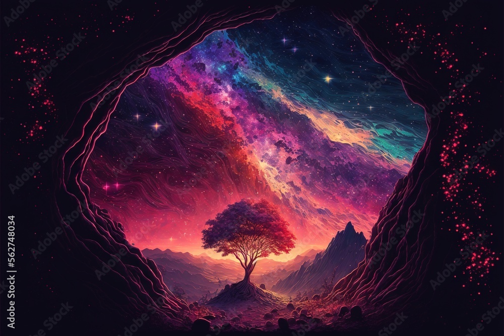 Poster a painting of a tree in a cave with a colorful sky and stars in the background and a purple and blue