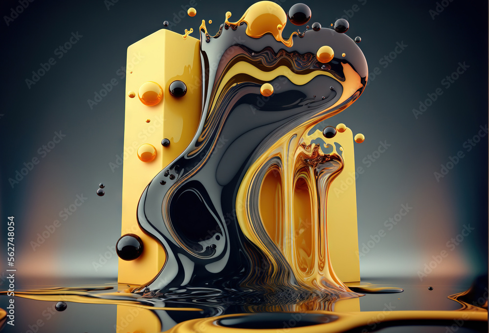 Poster a yellow and black object floating in water with a black background and a yellow and black object wi