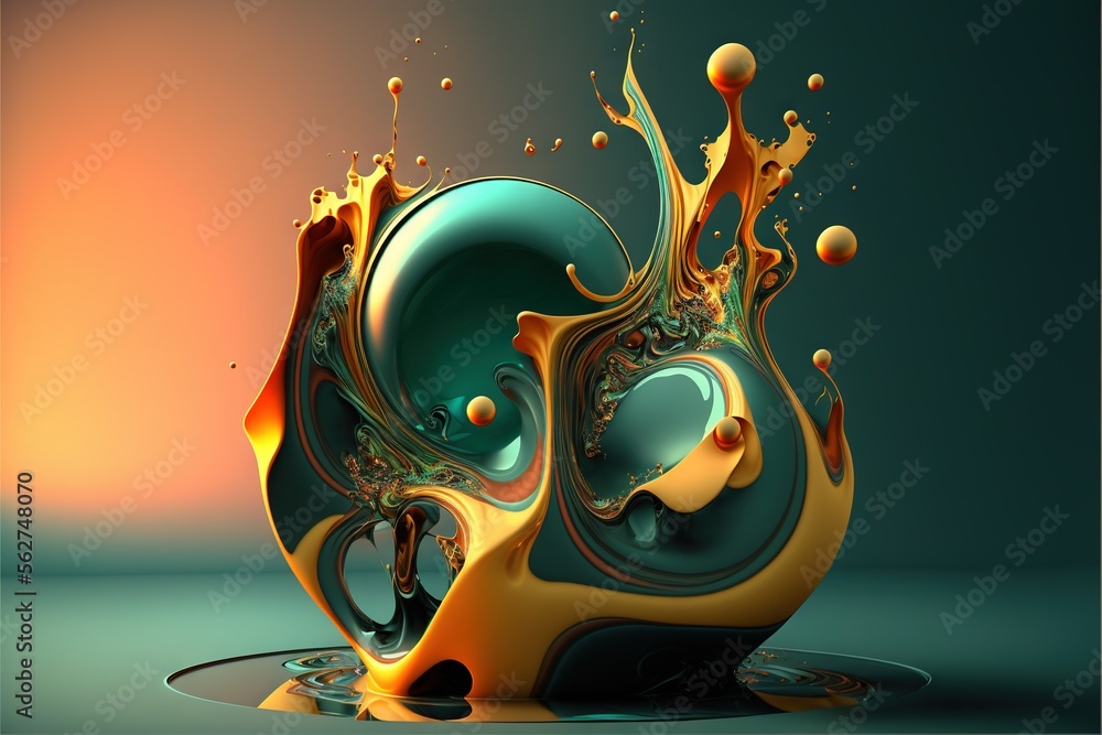 Poster a colorful abstract painting with liquid and bubbles on a blue background with a yellow and orange b