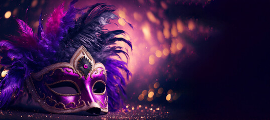 Fototapeta Carnival party. Venetian mask on bokeh background, banner. Mardi Gras festival decoration. AI generative obraz
