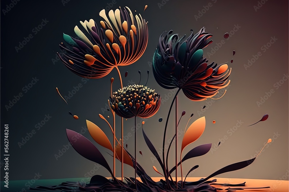 Poster a painting of three flowers with a dark background and a few smaller flowers in the middle of the im