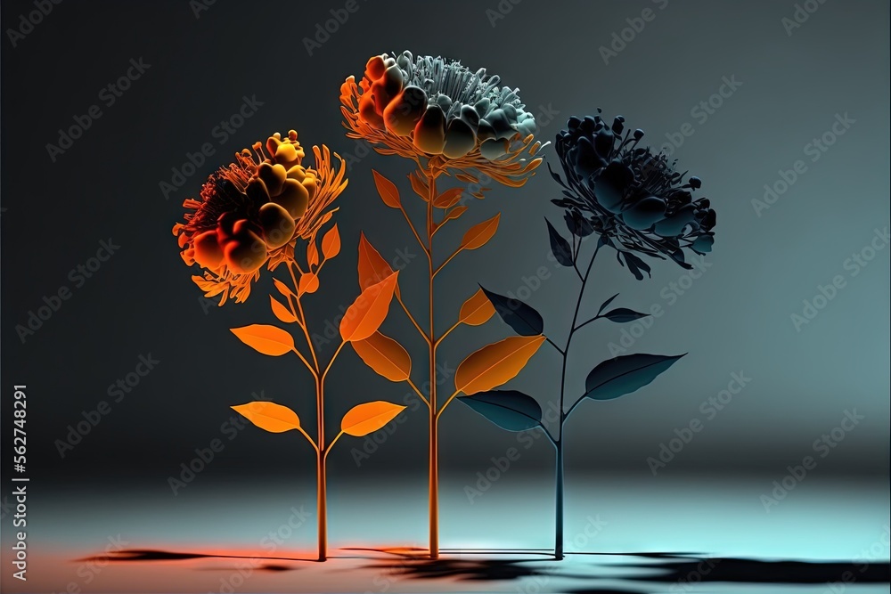 Poster three flowers are shown in a row on a table top with a shadow on the floor and a black background be