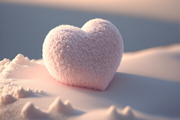Fototapeta premium A pink snow heart on a pile of snow. Love and outdoors concept. Celebration, Valentine's day. Cute, minimalist, fluffy love symbol. Generative AI