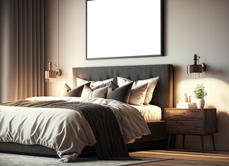 Modern bedroom interior with cozy bedding and a blank picture frame on the wall. Generative ai