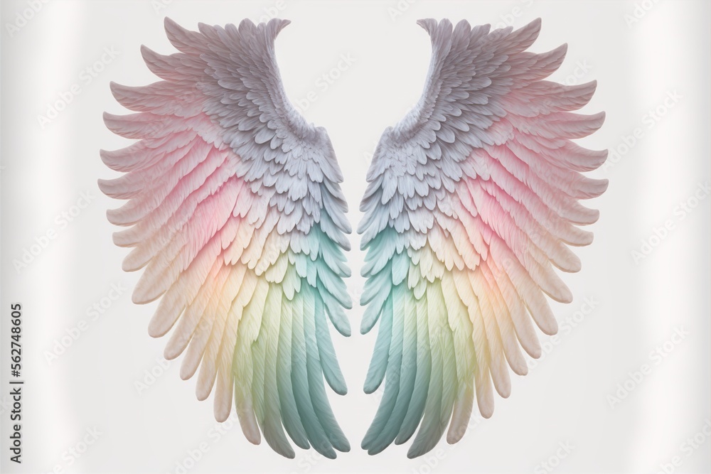 Poster a pair of wings with multicolored wings on a white background with a white border around the edges o