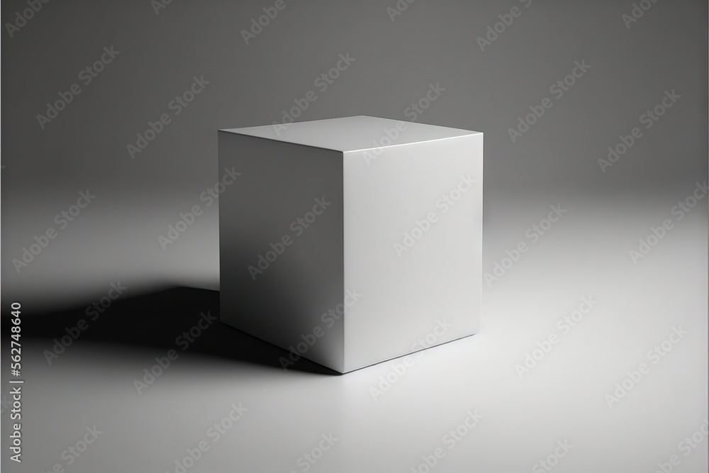 Poster a white box sitting on top of a white floor next to a wall and a shadow on the floor below it and a 