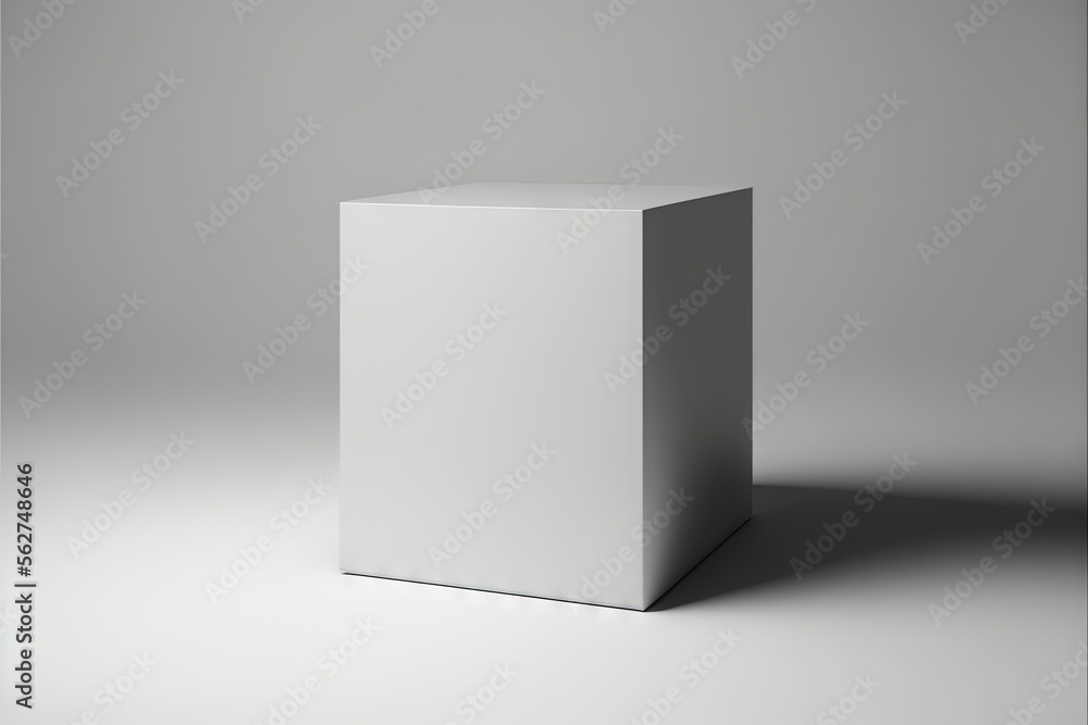 Poster a white cube is standing upright on a gray background with a shadow on the floor and a light on the 