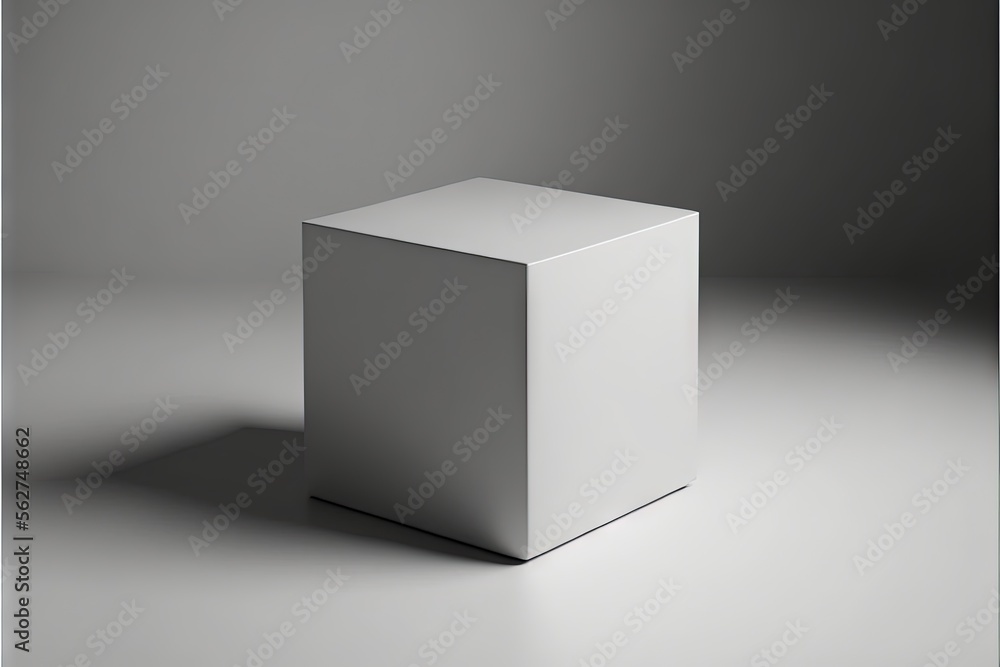 Poster a white cube is standing in the middle of a gray background with a shadow on the floor and a light o