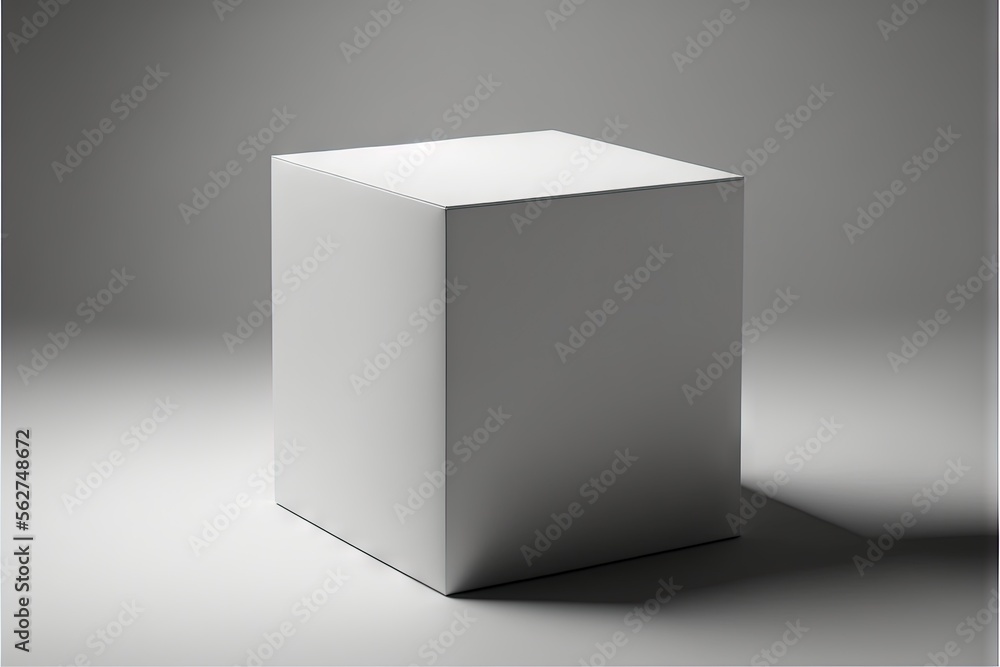 Poster a white box is sitting on a gray surface with a shadow on it and a light coming from the top of it, 