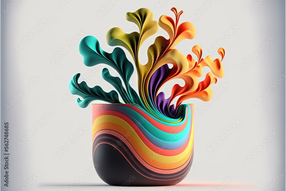Poster a colorful vase with a bunch of different colored flowers in it's center and a white background behi