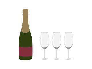 Champagne bottle with glasses in flat illustration. Champagne illustration, celebration of the new year. vector illustration
