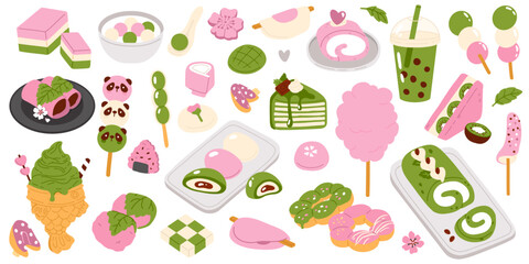 Vector illustration set of colored in one style cute doodle asian food for print ,design, greeting card,sticker,icon