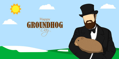 Vector illustration of Happy Groundhog Day wishes banner