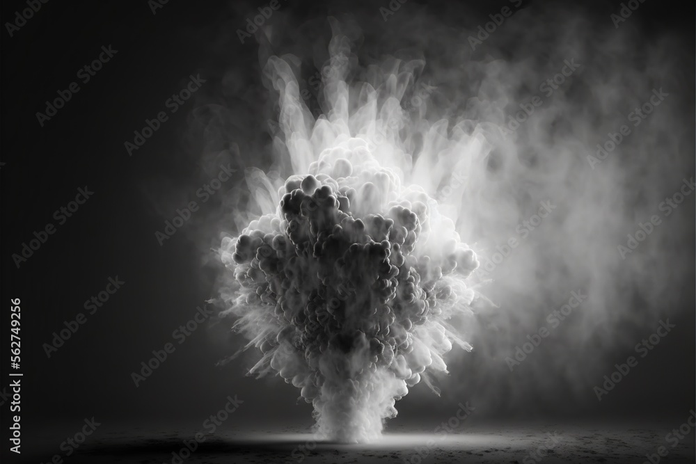 Poster a black and white photo of a cloud of smoke on a black background with a white spot in the middle of