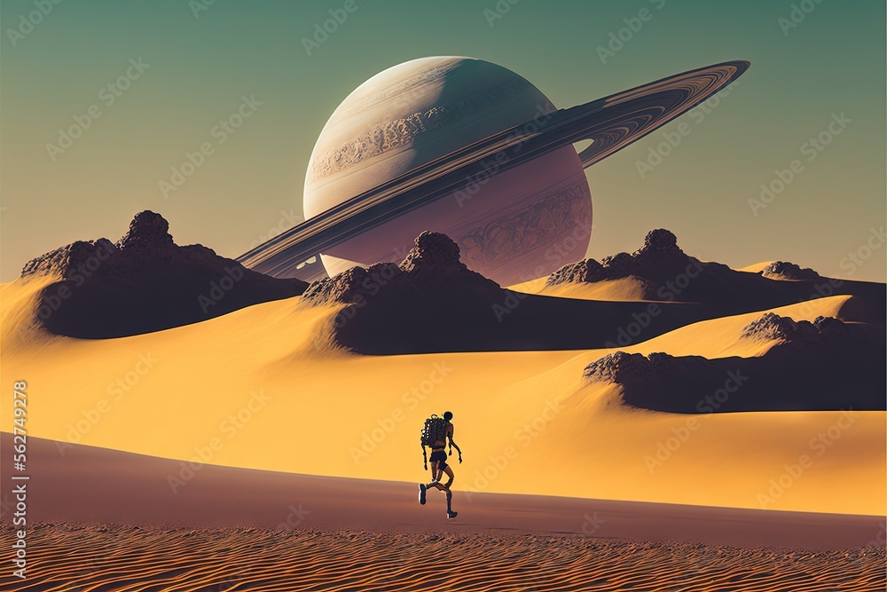 Poster a man standing in the desert with a giant object in the background and a planet in the background wi
