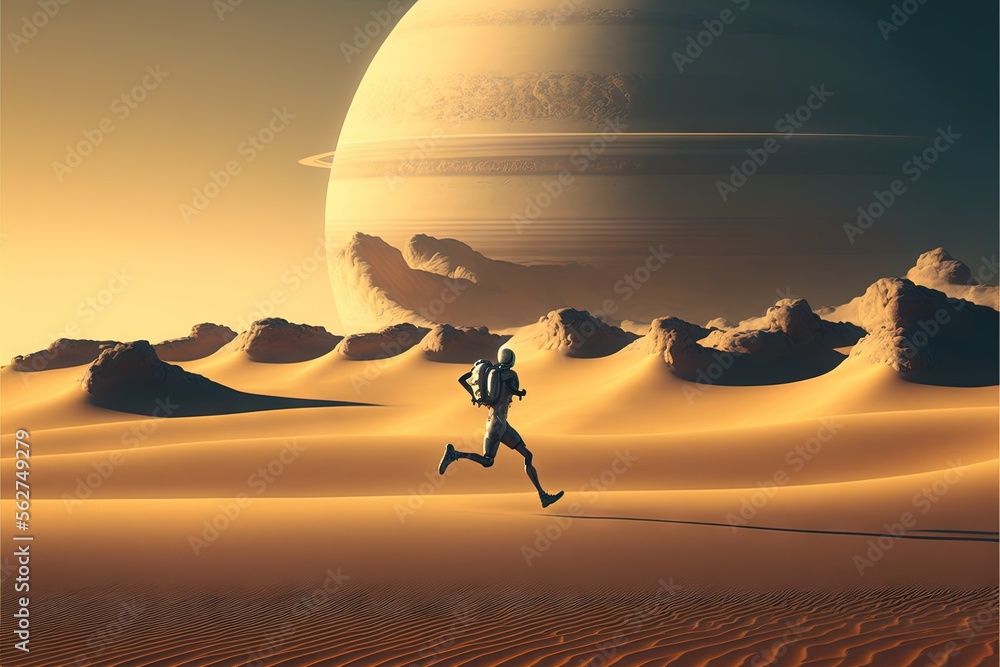 Poster  a man running across a desert with a giant object in the background of the image and a distant planet in the distance with a distant sky and a distant object in the foreground,., generative ai