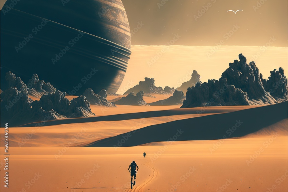 Poster a man walking across a desert covered in sand next to a giant object in the distance with a bird fly