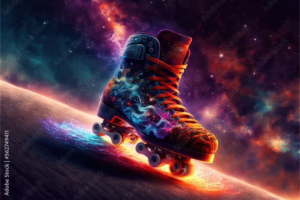 Poster a pair of shoes that are on a skateboard in the sky with stars and clouds in the background, with a 