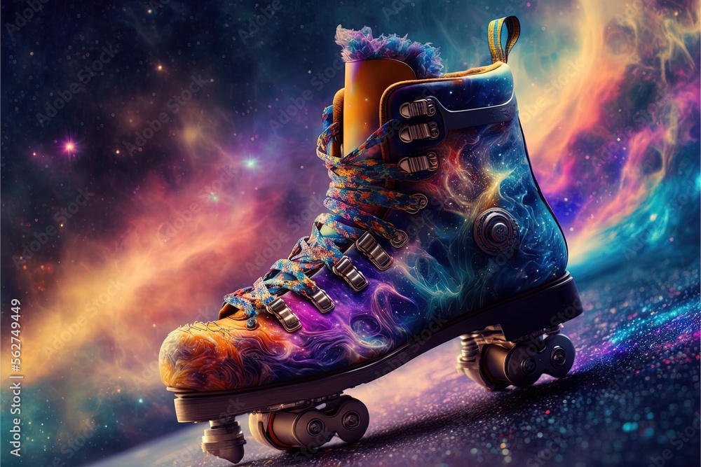 Poster a skateboard with a colorful design on it's side and wheels on the bottom of it, with space in the b