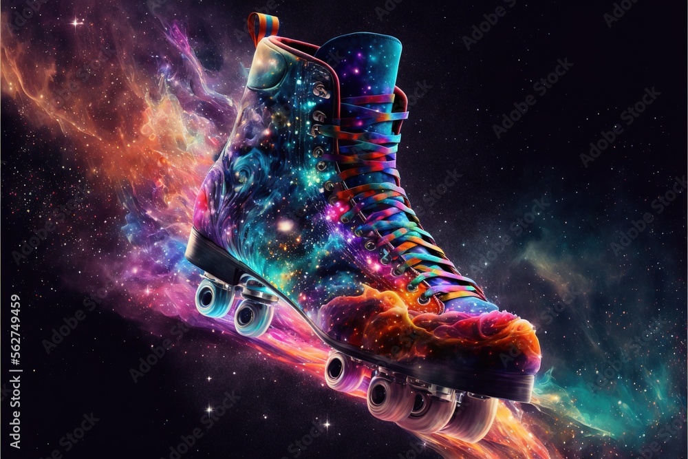 Poster a pair of colorful shoes floating in space with a colorful background and stars in the background, w
