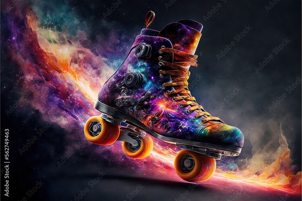 Poster a skateboard with a colorful design on it's wheels and wheels on the bottom of it, with a colorful b