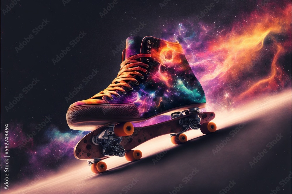 Poster a pair of sneakers with colorful space in the background on a skateboard with space in the backgroun