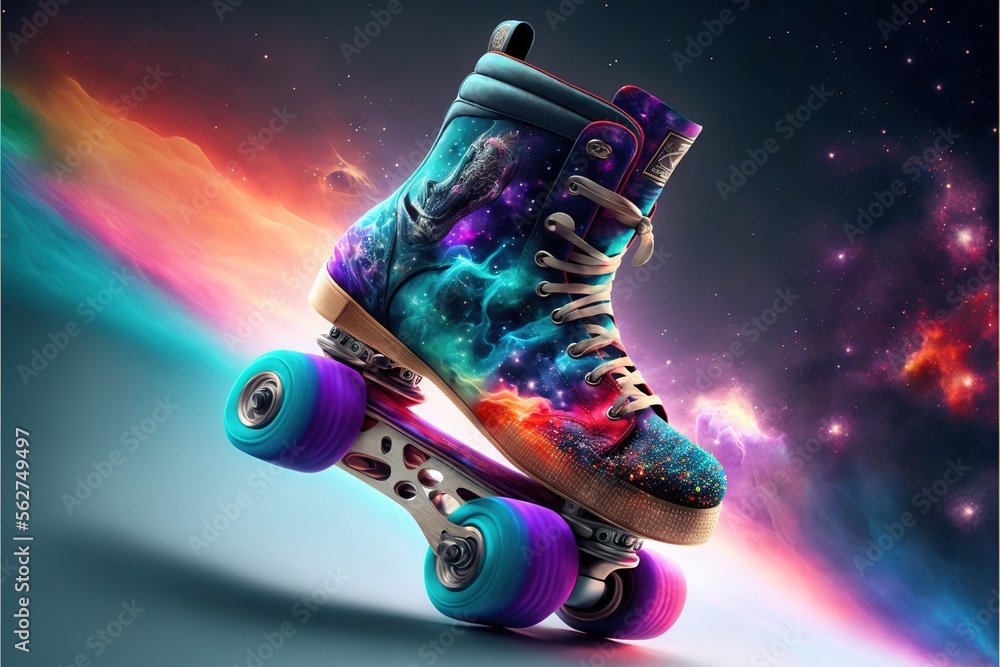 Poster a pair of colorful skateboards with space in the background and stars in the sky above them, with a 