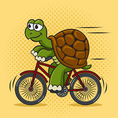 cartoon turtle riding bike pinup pop art retro vector illustration. Comic book style imitation.