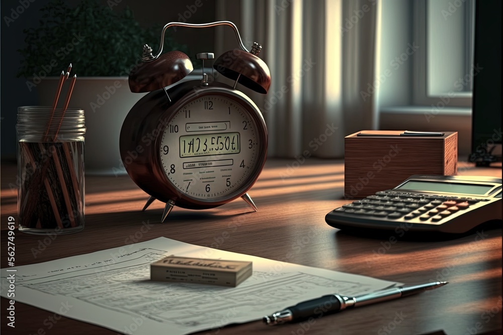 Poster a desk with a clock, calculator, pen and a calculator on it and a pen and paper on the desk next to 