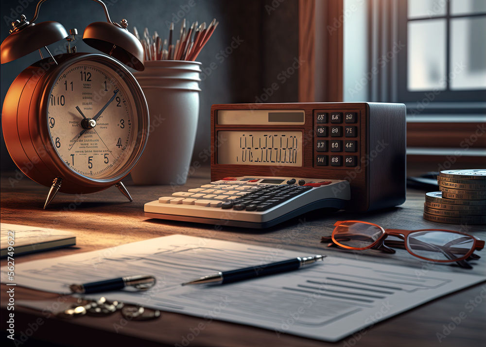 Poster a desk with a calculator, pen, glasses, and a clock on it with a notepad and pen holder next to it, 