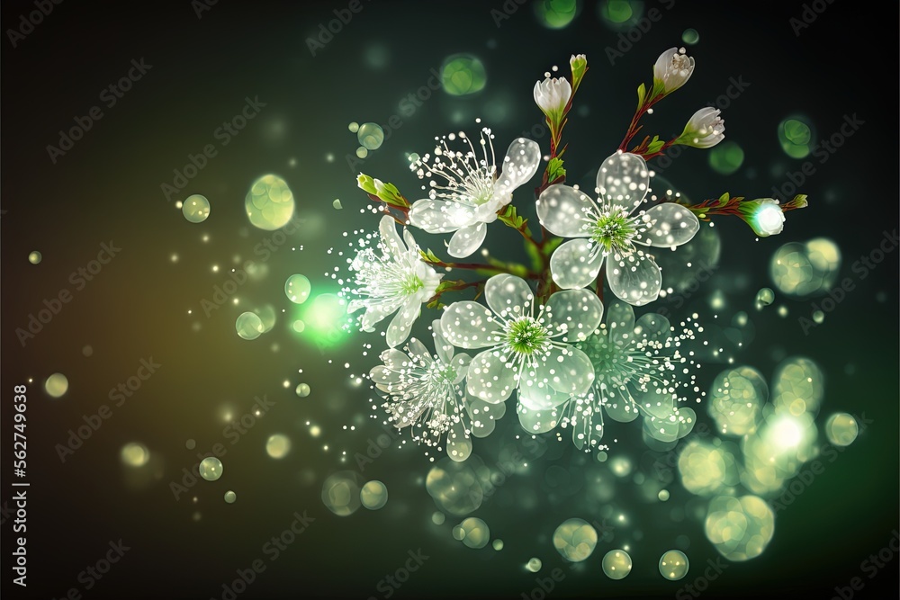Poster a bunch of white flowers with water droplets on them on a black background with a green boke of ligh