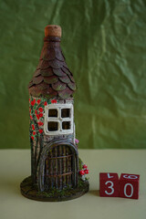 Decorative fairy-tale vintage house tower in form of bottle and red wooden cubes number 30. DIY....
