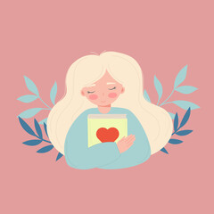 Woman hugging, holding a book. Vector illustration