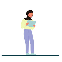 A woman in hijab is walking and reading a book. Vector illustration