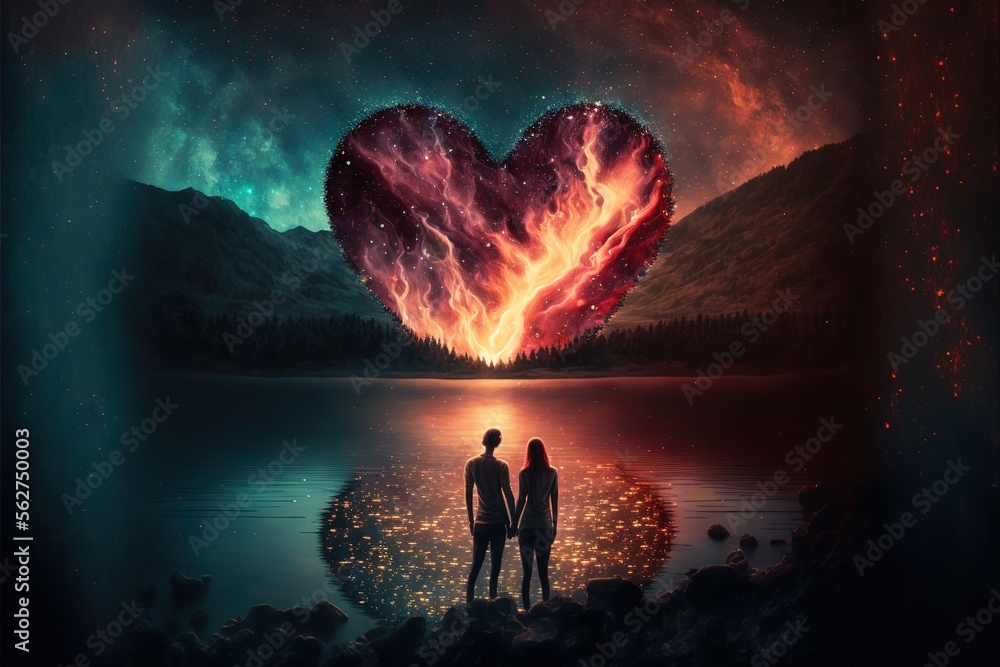 Poster a couple standing in front of a heart shaped firework over a lake with a mountain in the background 