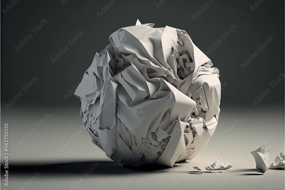 Poster a ball of crumpled paper sitting on top of a table next to a pile of papers on the floor and a pile 