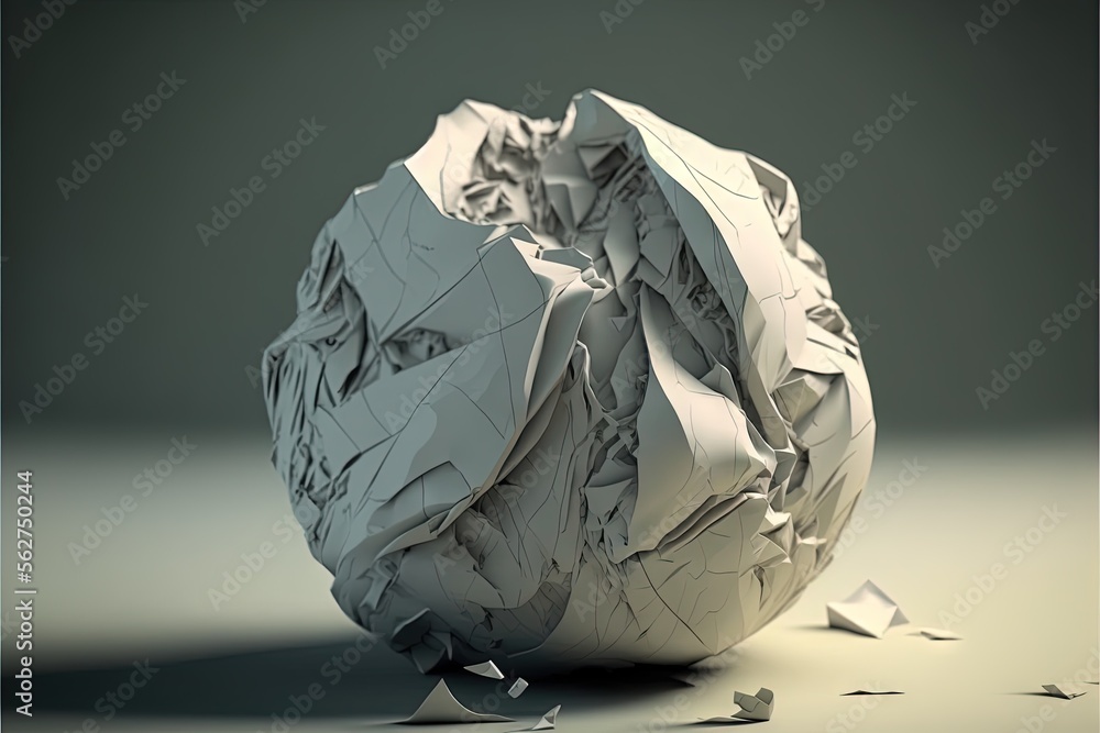 Poster a white ball of paper with a hole in it and a lot of scattered papers around it on a gray surface wi