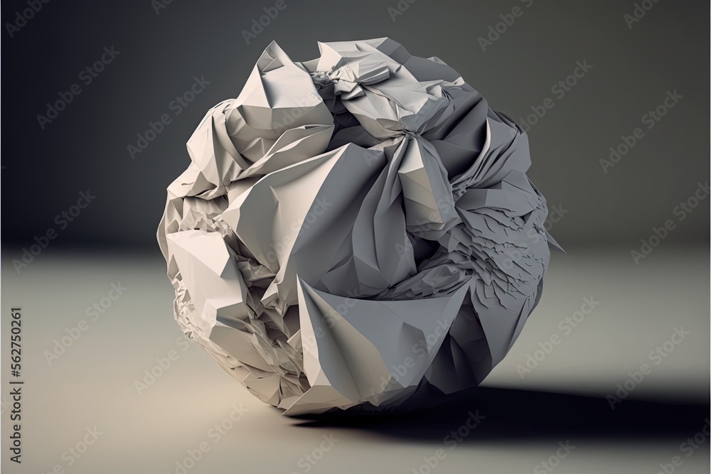 Poster a very large ball of paper on a table top with a shadow on it and a black background behind it, with