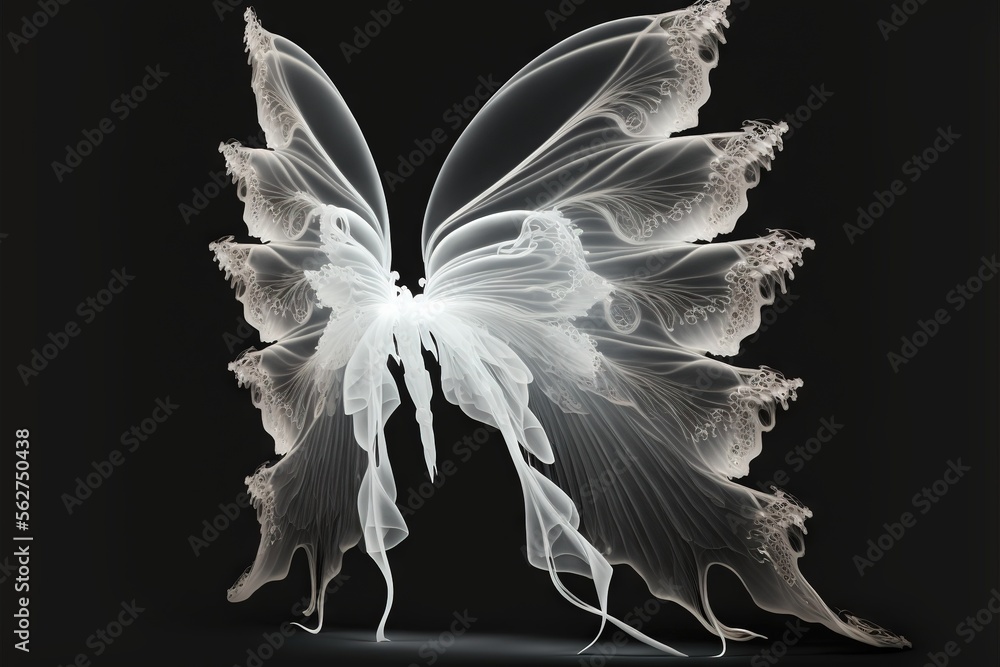 Poster a white butterfly with wings spread out on a black background with a shadow of its wings and wings s