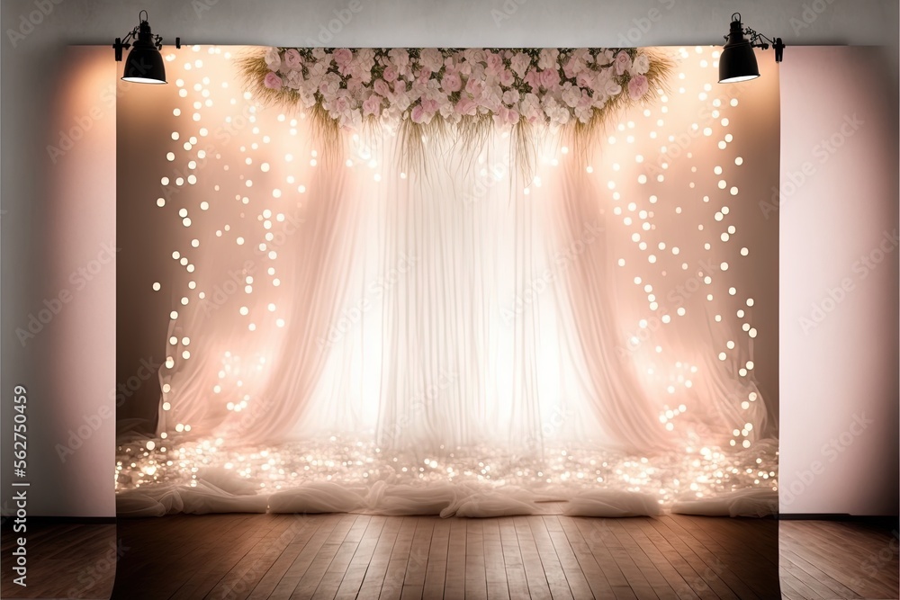 Poster a stage with a curtain and flowers on it and lights on the side of the stage and a light curtain beh