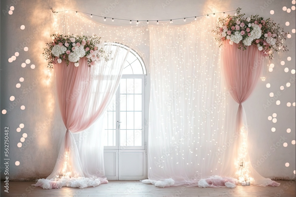 Poster a room with a window and a curtain with lights on it and flowers on the curtains and a window with a