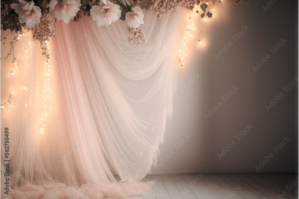 Poster a pink backdrop with flowers and lights on it is shown in this image, it is very romantic and soft a