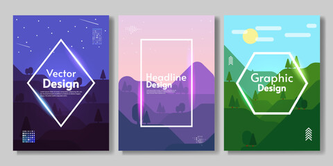 Set of flat style landscapes with neon frames. Vector illustration. Mountains and hills with forest. Design for cover, brochure, invitation, greeting and touristic cards.