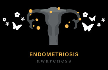 Endometriosis awareness background. Uterus with flower and butterfly